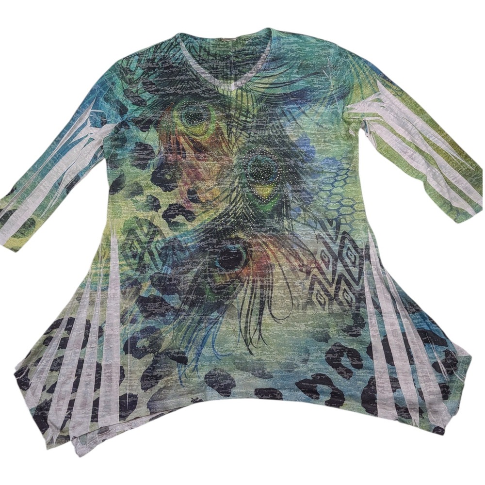 Jess & Jane Women's Tunic Top Multi Green Large Peacock Rhinestone V-Neck‎